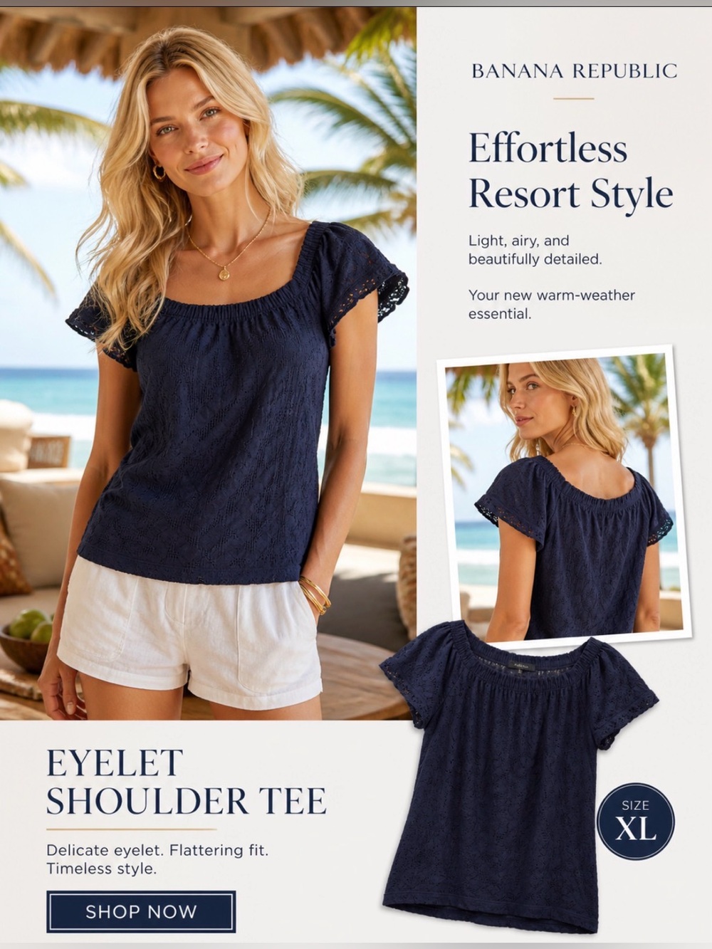 Banana Republic size XL Navy Eyelet shoulder tee